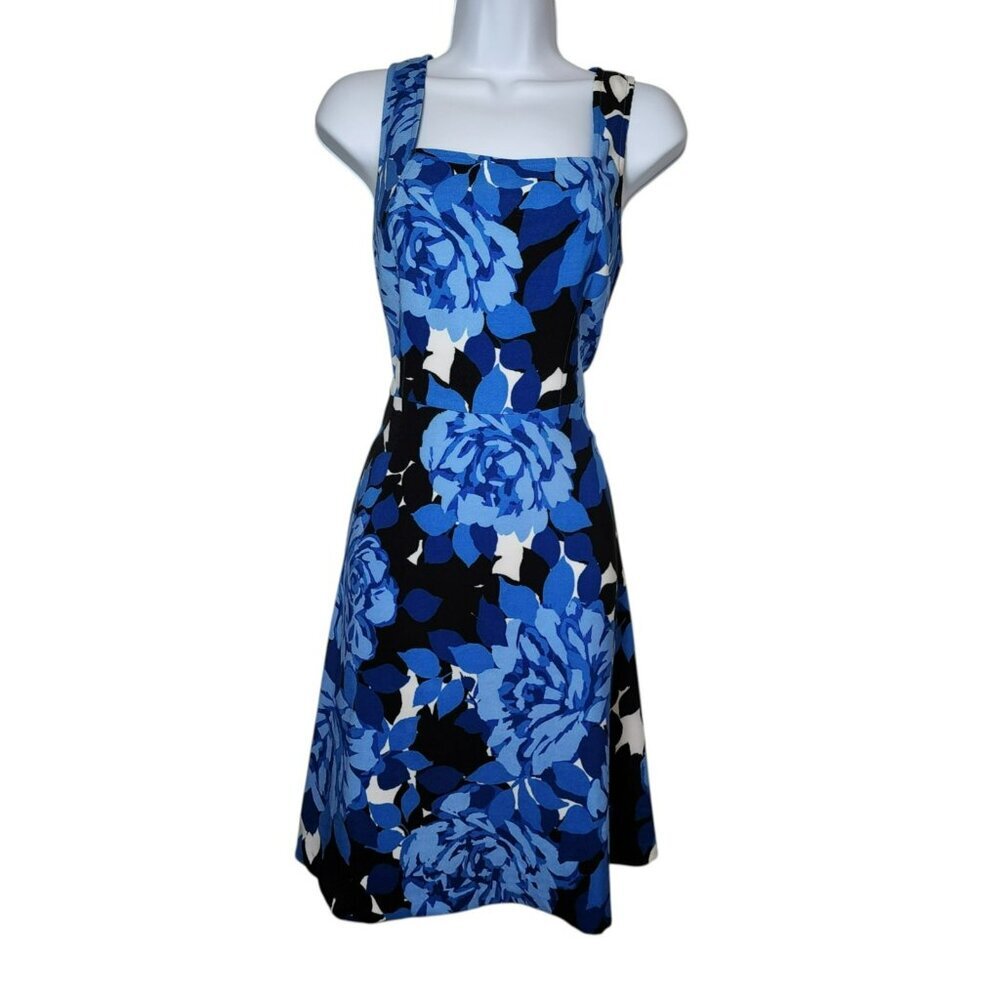 London Times Petites Dress 12P Blue Floral Sleeveless Fit & Flare Knee Length